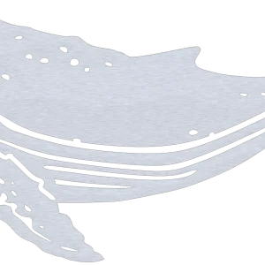 A laser-cut aluminum wall art piece depicting a humpback whale, featuring detailed cutouts of its textured skin. The elegant silhouette emphasizes the whale's majestic form against a plain white background.
